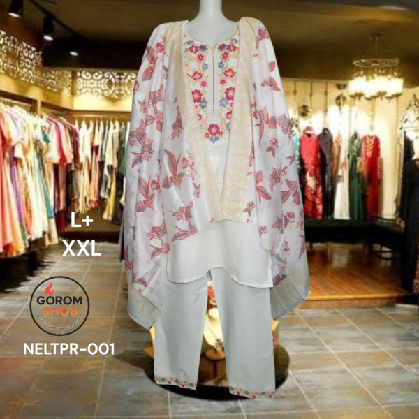 NELTPR-001,রেডিমেট থ্রি-পিস এমব্রয়ডারি কাজ করা নিলেন কাপড়